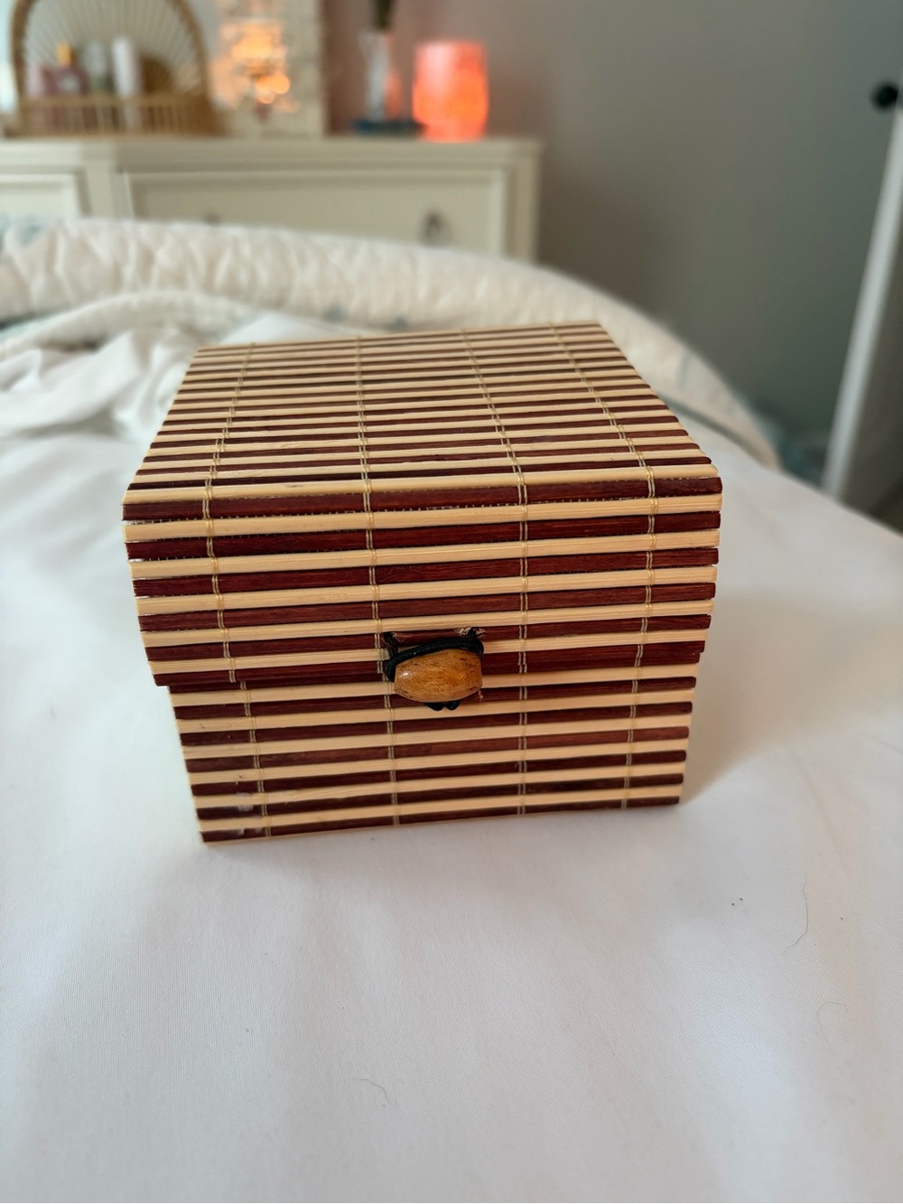 Natural Bamboo Striped Trinket Box - Brown and Cream
